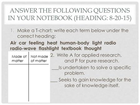 ANSWER THE FOLLOWING QUESTIONS IN YOUR NOTEBOOK (HEADING: 8-20-15) 1.Make a T-chart; write each term below under the correct heading: Air car feeling heat.