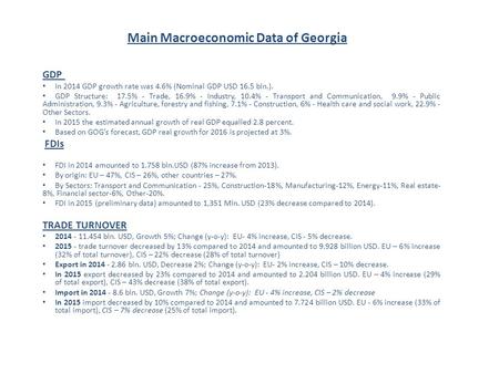 Main Macroeconomic Data of Georgia GDP In 2014 GDP growth rate was 4.6% (Nominal GDP USD 16.5 bln.). GDP Structure: 17.5% - Trade, 16.9% - Industry, 10.4%