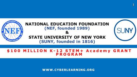 $100 MILLION K-12 STEM+ Academy GRANT PROGRAM WWW.CYBERLEARNING.ORG NATIONAL EDUCATION FOUNDATION (NEF, founded 1989) & STATE UNIVERSITY OF NEW YORK (SUNY,