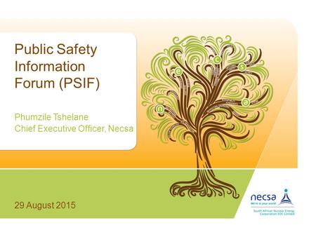 Public Safety Information Forum (PSIF) Phumzile Tshelane Chief Executive Officer, Necsa 29 August 2015.