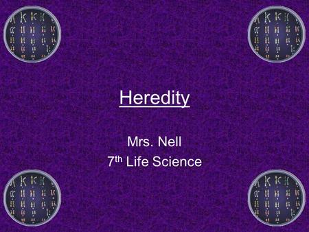 Heredity Mrs. Nell 7 th Life Science. What is heredity? Heredity is the passing of traits from parents to offspring. These traits are controlled by genes.