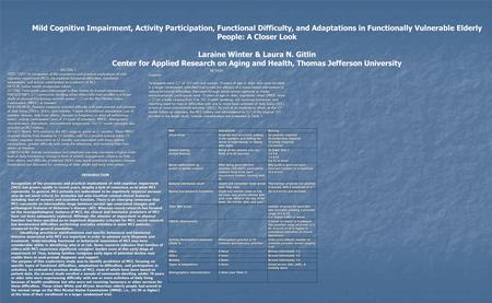 Mild Cognitive Impairment, Activity Participation, Functional Difficulty, and Adaptations in Functionally Vulnerable Elderly People: A Closer Look Laraine.