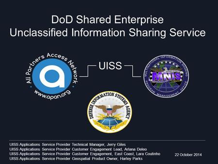22 October 2014 UISS Applications Service Provider Technical Manager, Jerry Giles UISS Applications Service Provider Customer Engagement Lead, Arlana Deleo.