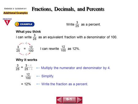 Write as a percent. Fractions, Decimals, and Percents COURSE 3 LESSON 6-1 3 25 What you think I can write as an equivalent fraction with a denominator.