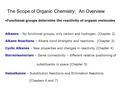 The Scope of Organic Chemistry: An Overview Functional groups determine the reactivity of organic molecules Alkanes – No functional groups, only carbon.