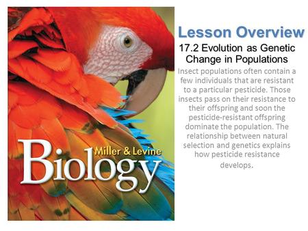 Lesson Overview 17.2 Evolution as Genetic Change in Populations Insect populations often contain a few individuals that are resistant to a particular pesticide.