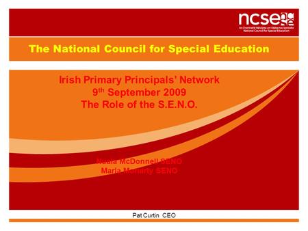 GUIDELINES FOR INDIVIDUAL EDUCATION PLANS Pat Curtin CEO The National Council for Special Education Irish Primary Principals’ Network 9 th September 2009.