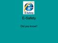 E-Safety Did you know?. Ways of social networking Skype Moshi Monsters Facebook Twitter Xbox Live/Playstation Network (PSN) DS Online Gaming Ipad/Itouch/Iphone.