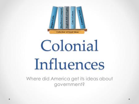 Colonial Influences Where did America get its ideas about government? Magna Carta Mayflower Compact English Bill of Rights Cato’s Letters Common Sense.