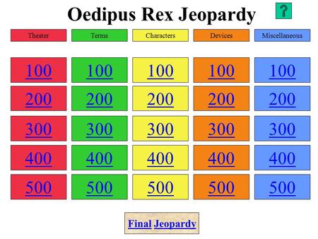 Oedipus Rex Jeopardy 100 200 300 400 500 100 200 300 400 500 100 200 300 400 500 100 200 300 400 500 100 200 300 400 500 TheaterTermsCharactersDevicesMiscellaneous.