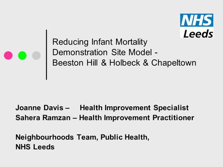 Reducing Infant Mortality Demonstration Site Model - Beeston Hill & Holbeck & Chapeltown Joanne Davis – Health Improvement Specialist Sahera Ramzan – Health.