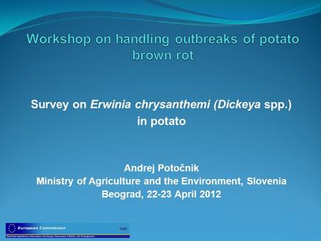 Survey on Erwinia chrysanthemi (Dickeya spp.) in potato Andrej Potočnik Ministry of Agriculture and the Environment, Slovenia Beograd, 22-23 April 2012.