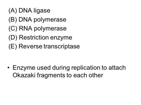 (A) DNA ligase (B) DNA polymerase (C) RNA polymerase (D) Restriction enzyme (E) Reverse transcriptase Enzyme used during replication to attach Okazaki.