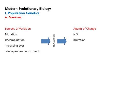 Modern Evolutionary Biology I. Population Genetics A. Overview Sources of VariationAgents of Change MutationN.S. Recombinationmutation - crossing over.