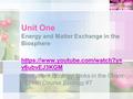 Unit One Energy and Matter Exchange in the Biosphere https://www.youtube.com/watch?v= v6ubvEJ3KGM Ecosystem Ecology: Links in the Chain - Crash Course.