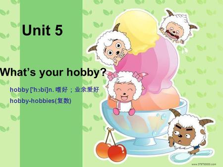 What’s your hobby? www.378700000.com Unit 5 hobby ['h ɔ bi]n. 嗜好；业余爱好 hobby-hobbies( 复数 )