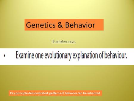 IB syllabus says: Genetics & Behavior Key principle demonstrated: patterns of behavior can be inherited.