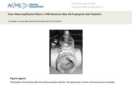 Date of download: 5/27/2016 Copyright © ASME. All rights reserved. From: Reducing Residual Stress in 7050 Aluminum Alloy Die Forgings by Heat Treatment.