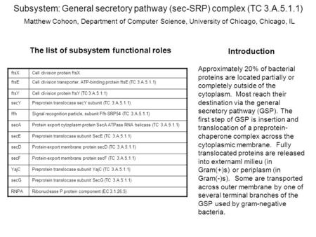 Subsystem: General secretory pathway (sec-SRP) complex (TC 3.A.5.1.1) Matthew Cohoon, Department of Computer Science, University of Chicago, Chicago, IL.