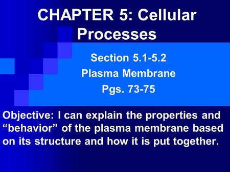 CHAPTER 5: Cellular Processes Section 5.1-5.2 Plasma Membrane Pgs. 73-75 Objective: I can explain the properties and “behavior” of the plasma membrane.