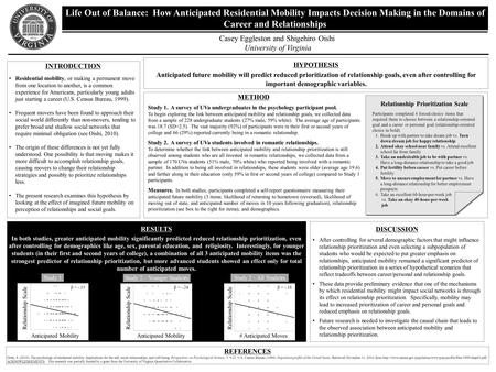 RESULTS In both studies, greater anticipated mobility significantly predicted reduced relationship prioritization, even after controlling for demographics.