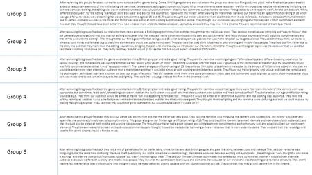 Group 1 Group 2 Group 3 Group 4 Group 5 Group 6 After reviewing this groups feedback our trailer came across as a few genres being: Crime, British gangster.