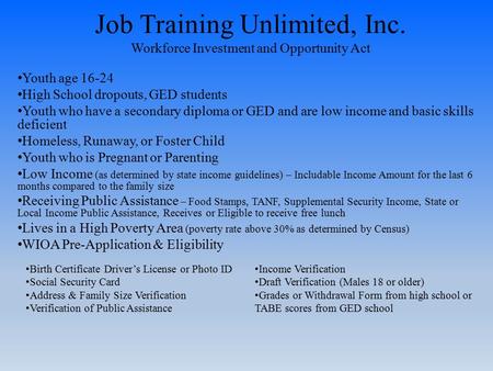 Job Training Unlimited, Inc. Workforce Investment and Opportunity Act Youth age 16-24 High School dropouts, GED students Youth who have a secondary diploma.