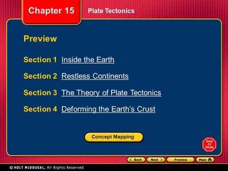 Chapter 15 Plate Tectonics Section 1 Inside the EarthInside the Earth Section 2 Restless ContinentsRestless Continents Section 3 The Theory of Plate TectonicsThe.