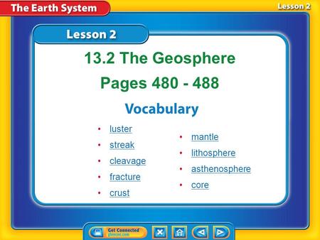 Lesson 2 Reading Guide - Vocab luster streak cleavage fracture crust 13.2 The Geosphere Pages 480 - 488 mantle lithosphere asthenosphere core.