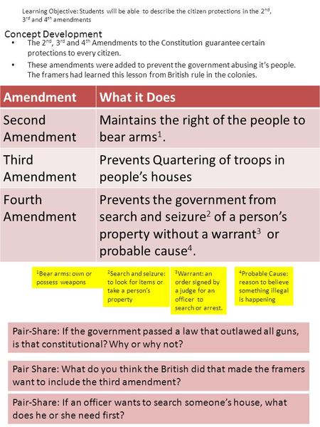 Concept Development The 2 nd, 3 rd and 4 th Amendments to the Constitution guarantee certain protections to every citizen. These amendments were added.