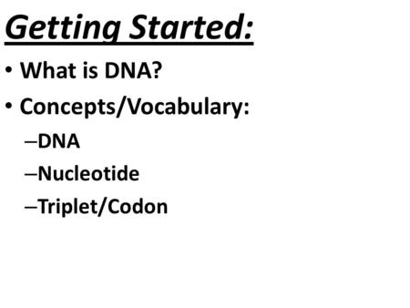 Getting Started: What is DNA? Concepts/Vocabulary: – DNA – Nucleotide – Triplet/Codon.