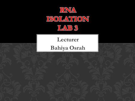 Lecturer Bahiya Osrah.  RNA exist as a single strand.  Ribose Sugar (5 carbon sugar)  Phosphate group  Adenine, Uracil, Cytosine, Guanine  For RNA,