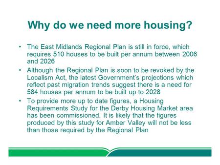 Why do we need more housing? The East Midlands Regional Plan is still in force, which requires 510 houses to be built per annum between 2006 and 2026 Although.