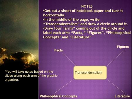 NOTES Get out a sheet of notebook paper and turn it horizontally. In the middle of the page, write “Transcendentalism” and draw a circle around it. Draw.