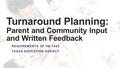 Turnaround Planning: Parent and Community Input and Written Feedback REQUIREMENTS OF HB 1842 TEXAS EDUCATION AGENCY.