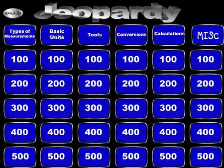 100 200 300 400 500 Types of Measurements Basic Units Tools Calculations MISC Conversions.