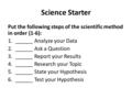 Science Starter Put the following steps of the scientific method in order (1-6): 1.______ Analyze your Data 2.______ Ask a Question 3.______ Report your.