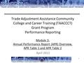 1 Trade Adjustment Assistance Community College and Career Training (TAACCCT) Grant Program Performance Reporting Module 3: Annual Performance Report (APR)