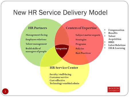 Management-facing Employee relations Talent management Build skills of managers of people Subject matter experts Strategies Programs Policies Best Practices.