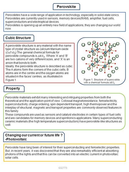 632773 Perovskite Cubic Structure Perovskites have a wide range of application in technology, especially in solid-state ionics. Perovskites are currently.