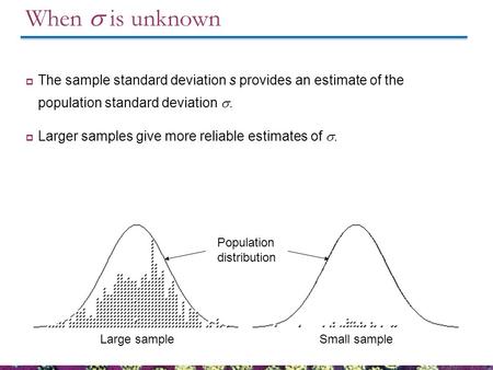 When  is unknown  The sample standard deviation s provides an estimate of the population standard deviation .  Larger samples give more reliable estimates.