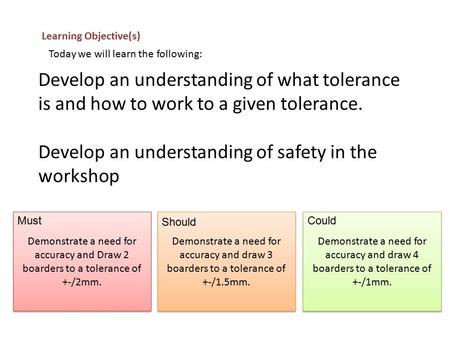 Develop an understanding of what tolerance is and how to work to a given tolerance. Develop an understanding of safety in the workshop Learning Objective(s)