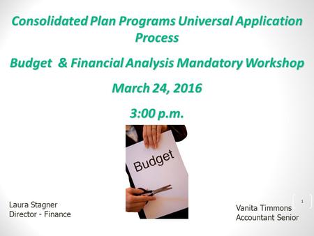 Consolidated Plan Programs Universal Application Process Budget & Financial Analysis Mandatory Workshop March 24, 2016 3:00 p.m. 1 Laura Stagner Director.