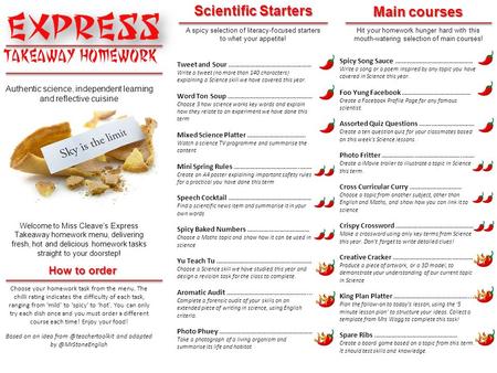 Authentic science, independent learning and reflective cuisine Welcome to Miss Cleave’s Express Takeaway homework menu, delivering fresh, hot and delicious.