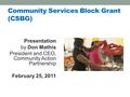 Community Services Block Grant (CSBG) Presentation by Don Mathis President and CEO, Community Action Partnership February 25, 2011.