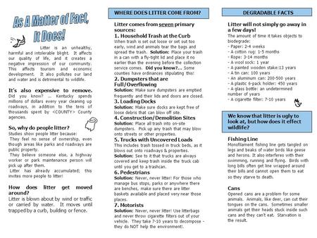 Litter is an unhealthy, harmful and intolerable blight. It affects our quality of life, and it creates a negative impression of our community. This affects.