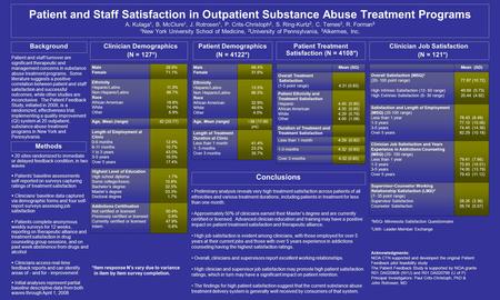 Patient and Staff Satisfaction in Outpatient Substance Abuse Treatment Programs A. Kulaga 1, B. McClure 1, J. Rotrosen 1, P. Crits-Christoph 2, S. Ring-Kurtz.