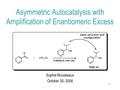 1 Asymmetric Autocatalysis with Amplification of Enantiomeric Excess Sophie Rousseaux October 30, 2008.