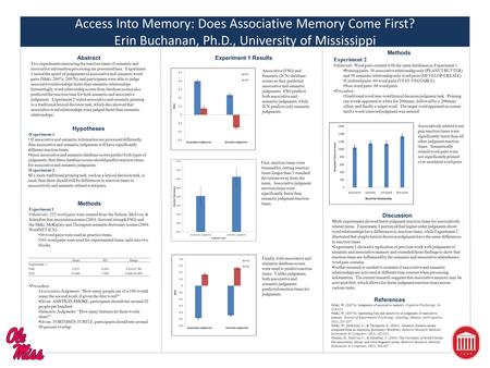 Access Into Memory: Does Associative Memory Come First? Erin Buchanan, Ph.D., University of Mississippi Abstract Two experiments measuring the reaction.