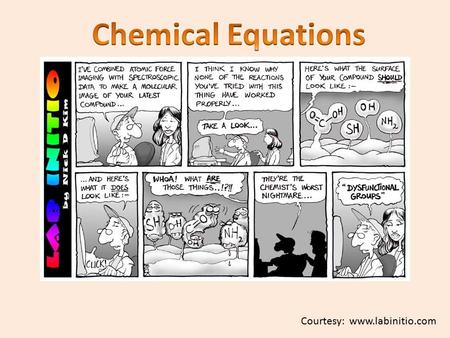 Courtesy: www.labinitio.com. Chemical change – reorganization of the atoms in one or more substances. Represented by a chemical equation with the reactants.